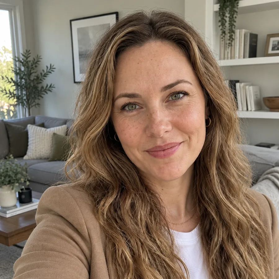 Jane Mitchell, AI-generated creator, living room selfie