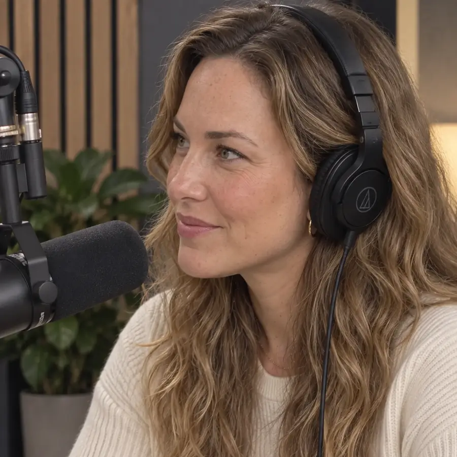 Jane in profile at a podcast microphone