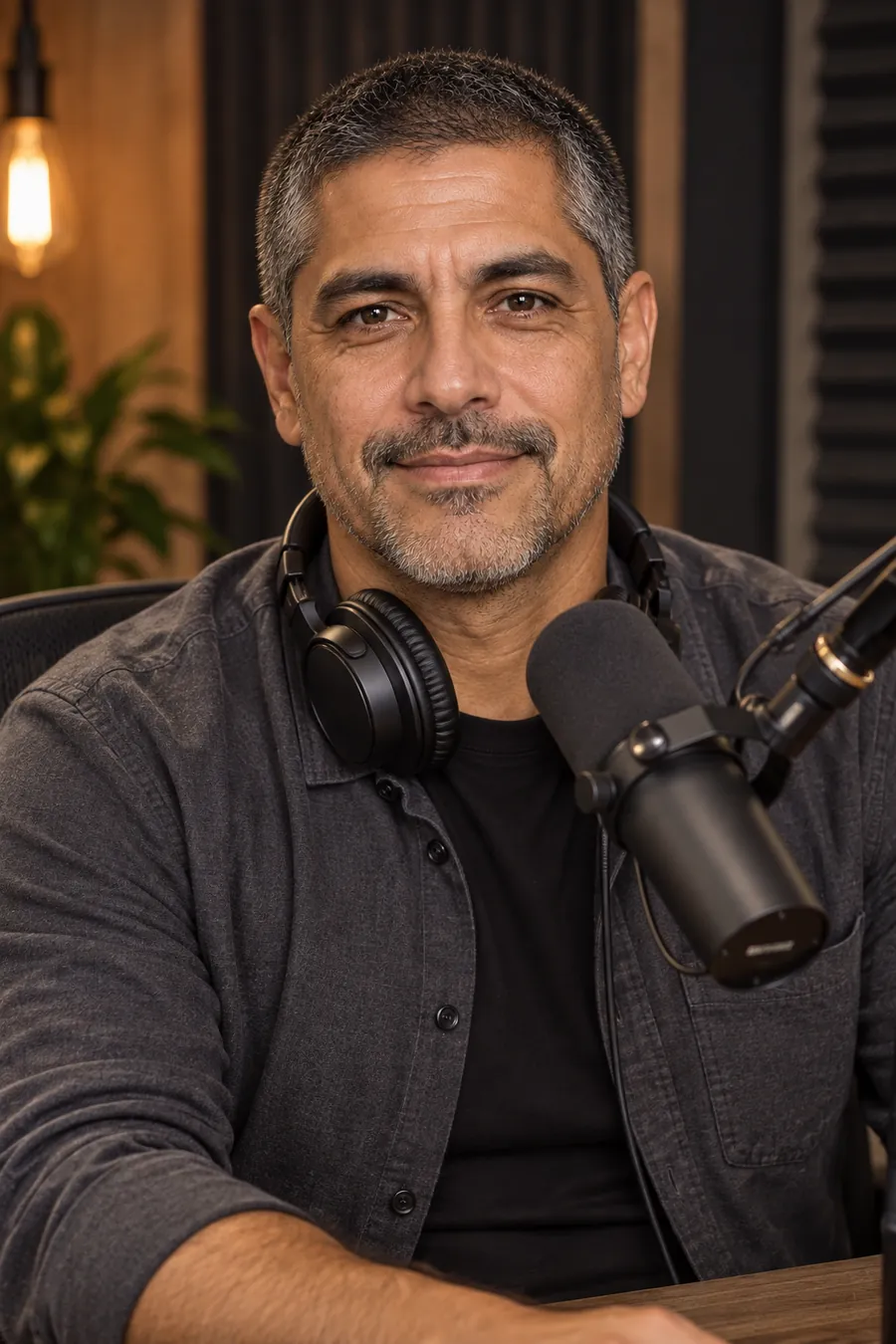 Richard at a podcast microphone with headphones